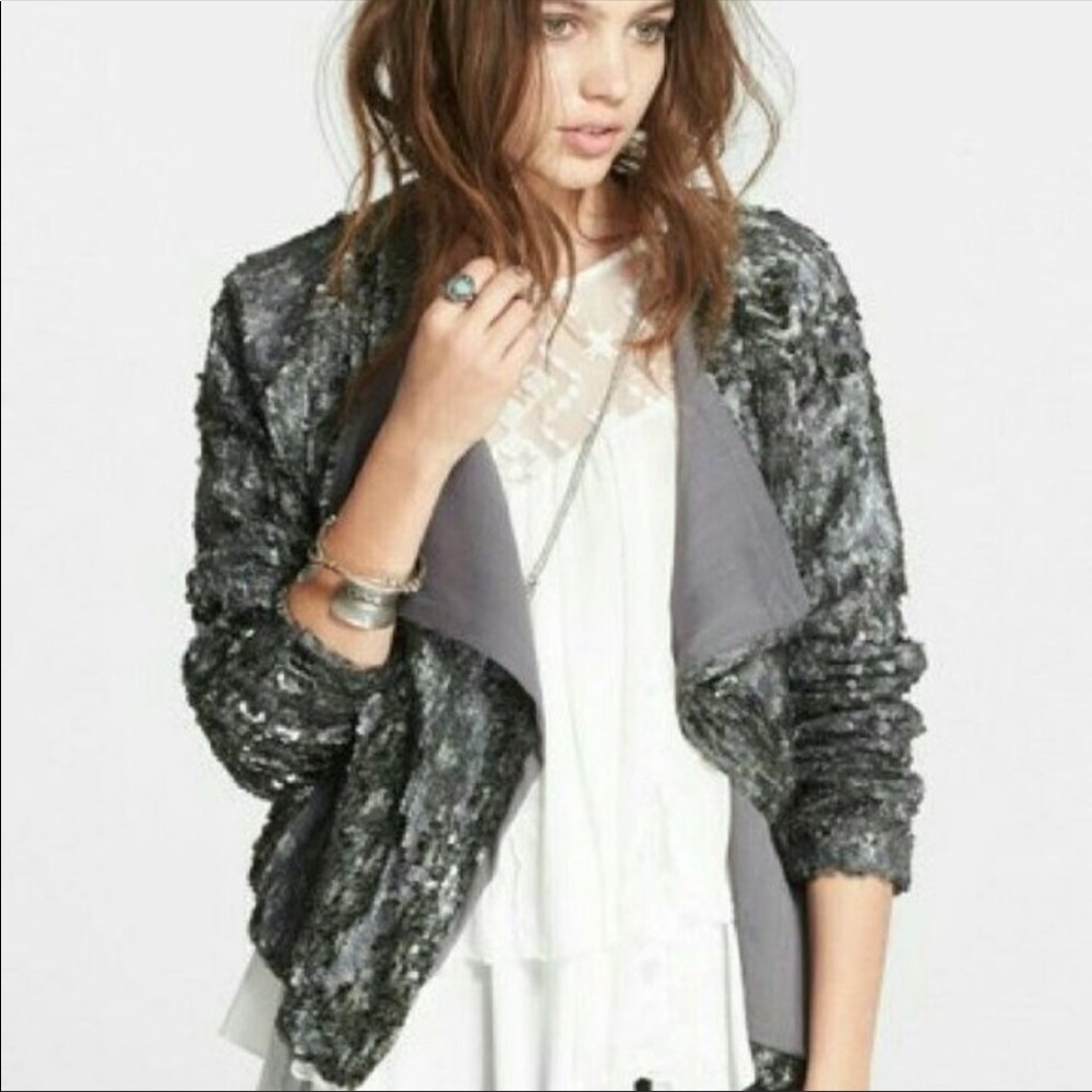 FREE PEOPLE Gray Sequin Open Front Draped Jacket M MSRP $298